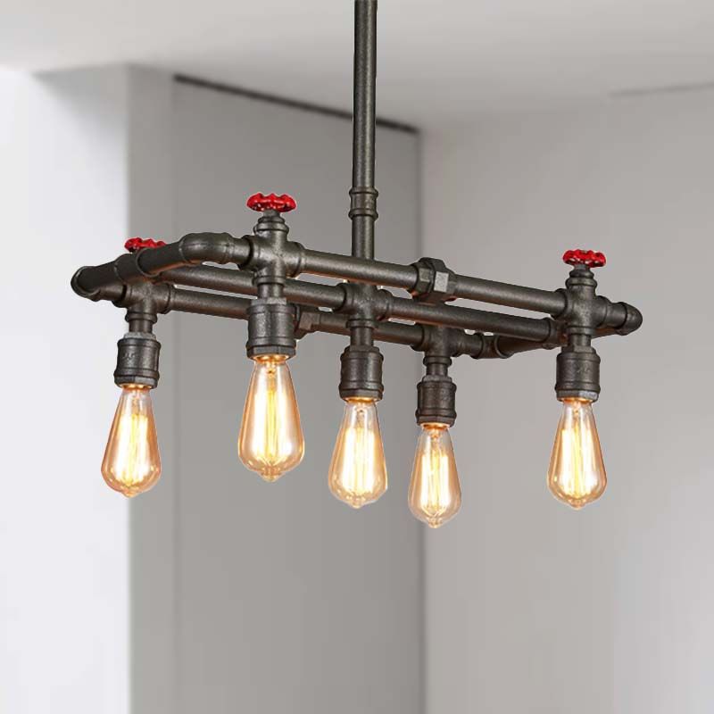 Black Finish Tubing Hanging Lamp with Red Valve Antique Metal 5-Bulb Dining Room Chandelier Lighting