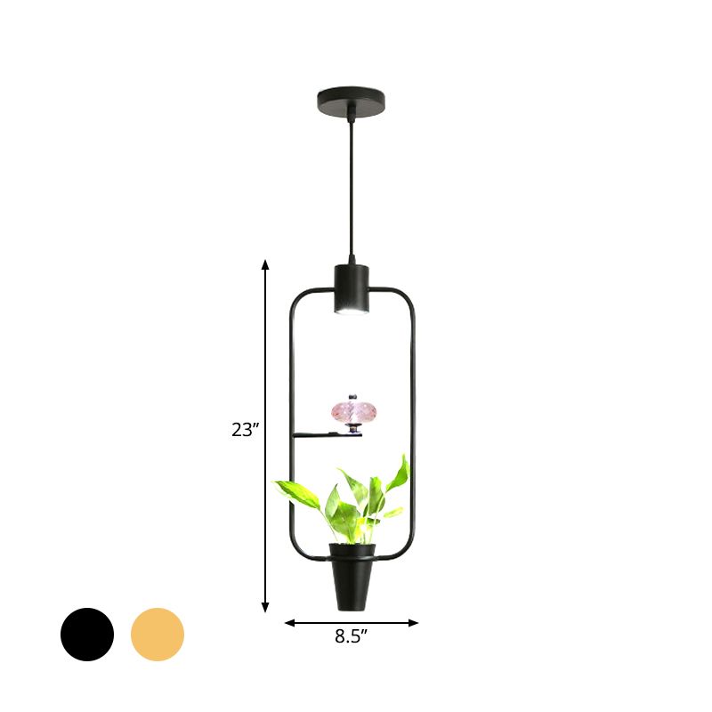 Metal LED Pendulum Light Loft Black/Gold Circle/Oval/Rectangle Dining Room Pendant Lamp with Plant Container