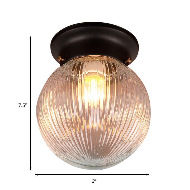 One Light Globe Flush Mount Black/Clear Industrial Ribbed/Opal/Prismatic Glass Lighting Fixture, 6"/6.5" Wide
