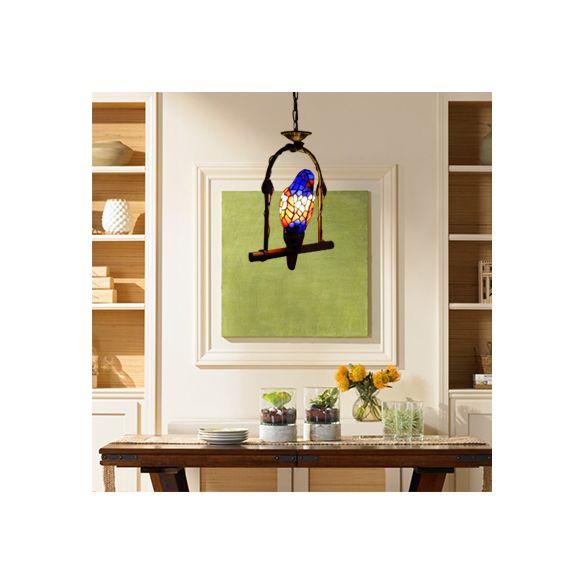 Blue 1 Light Suspended Light Tiffany Style Stained Glass Parrot Ceiling Pendant with Perch Swing
