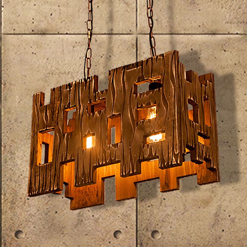 Brown Rectangle Pendant Fixture Antique Etched Wood 1/2/3-Light Dining Room Hanging Ceiling Light