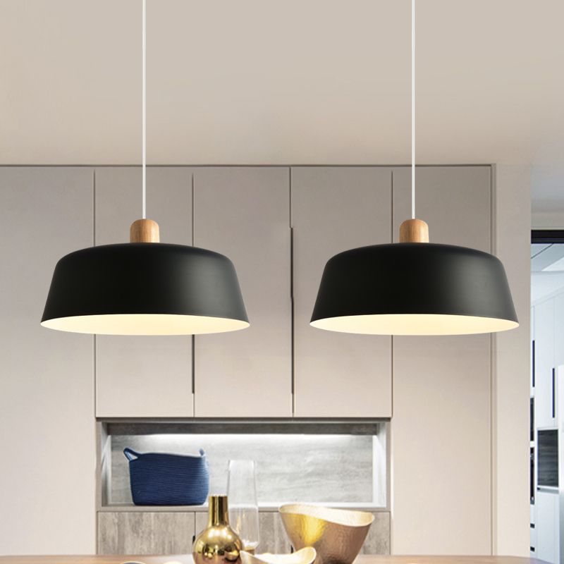 Black/White Flat-Bowl Shaped Pendant Nordic Metal 1 Light Ceiling Hang Lamp with Wood Top
