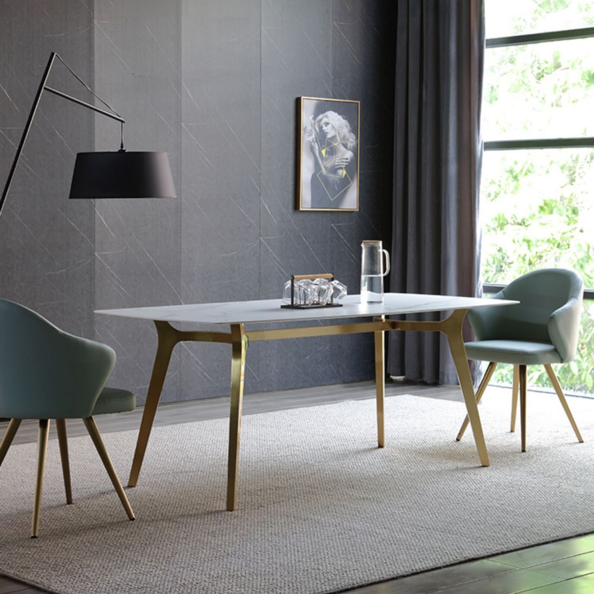 Traditionele luxe eettafel Sintered Stone 4 Legs Tafel met gouden frame
