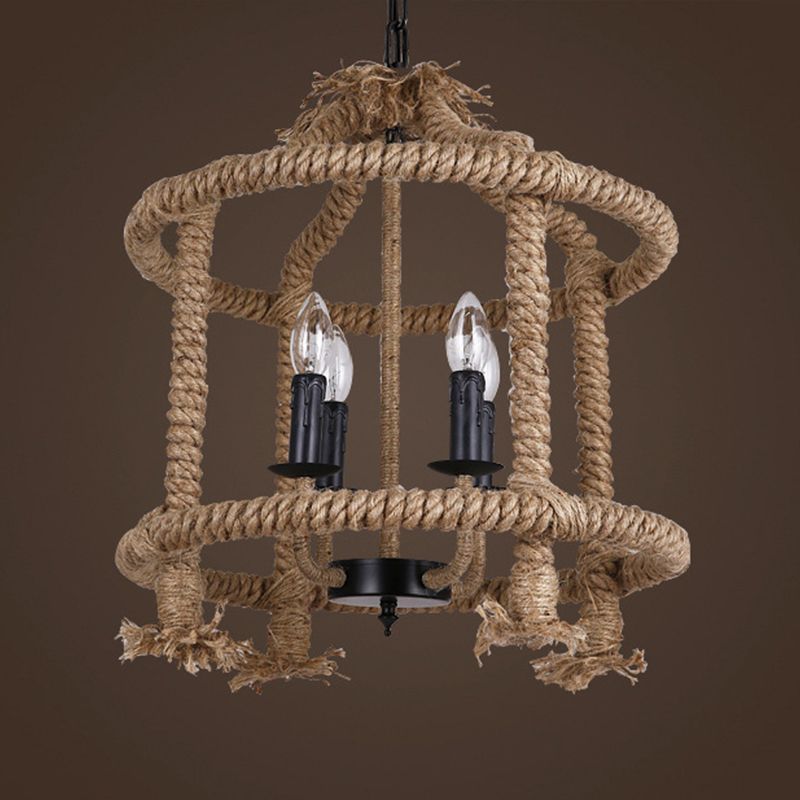 Beige 4 Lights Chandelier Light Fixture Traditional Rope Cylinder Pendant Lamp for Dining Room