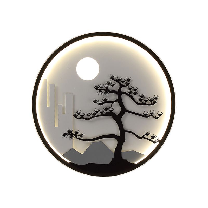Murle circulaire en métal Mourir d'éclairage Asie LED LED MUR NOIR LEUR avec lune et motif d'arbre