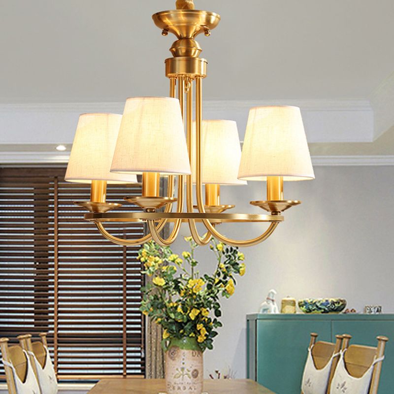 Gold Swooping Arm Chandelier Colonial Metal 4/8/10 Heads Living Room Drop Lamp with Cone Fabric Shade