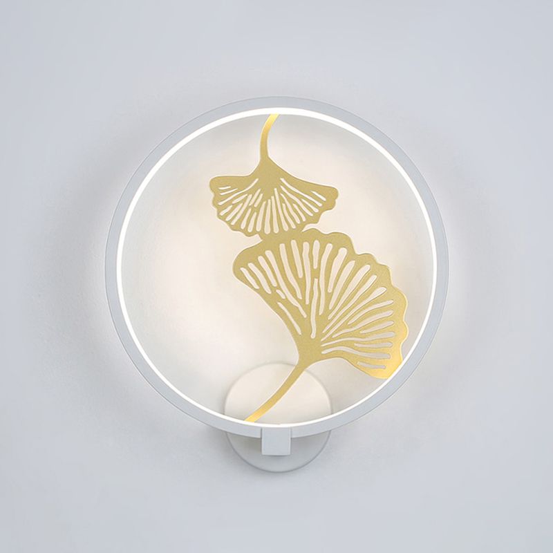 Black/White Circular Ginkgo Mural Light Contemporary LED Metallic Wall Lighting Idea for Living Room, Warm/White Light