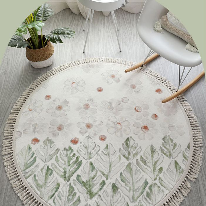 Round White Tone Modern Indoor Rug Polyester Floral Print Rug Non-Slip Backing Indoor Rug for Living Room