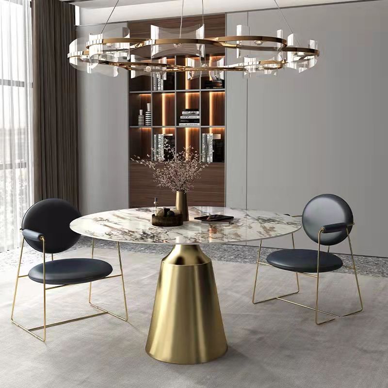 Glam Style Round Stone Top Dining Table Gold Base Dining Table for Living Room