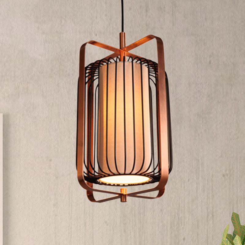 Cylinder/Barrel/Drum Cage Metal Pendant Light Fixture Vintage 1 Light Living Room Black Hanging Lighting with Inner Fabric Shade