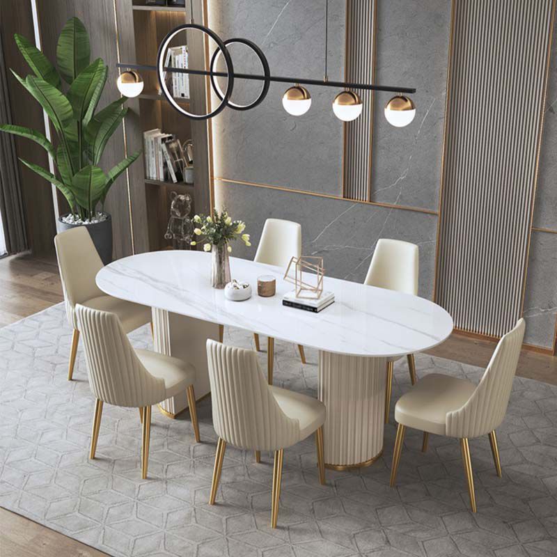 Traditionele luxe ovale eettafel Gesinterde stenen tafel met dubbele voetstukbasis