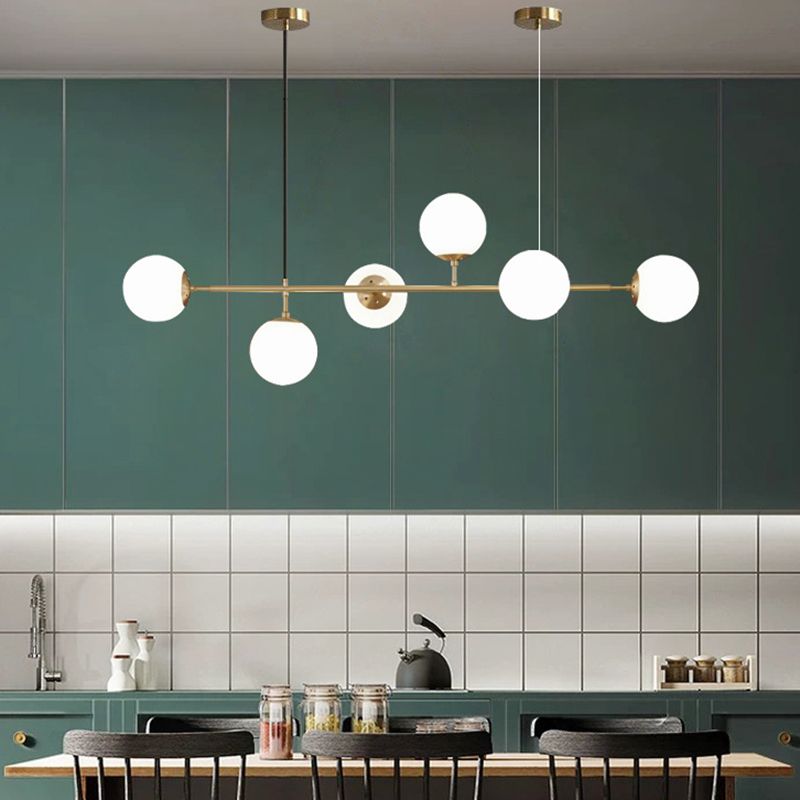 6 Leichte moderne Goldmetallinselheize Beleuchtung Kugelglas Island Deckenleuchte zum Esstisch