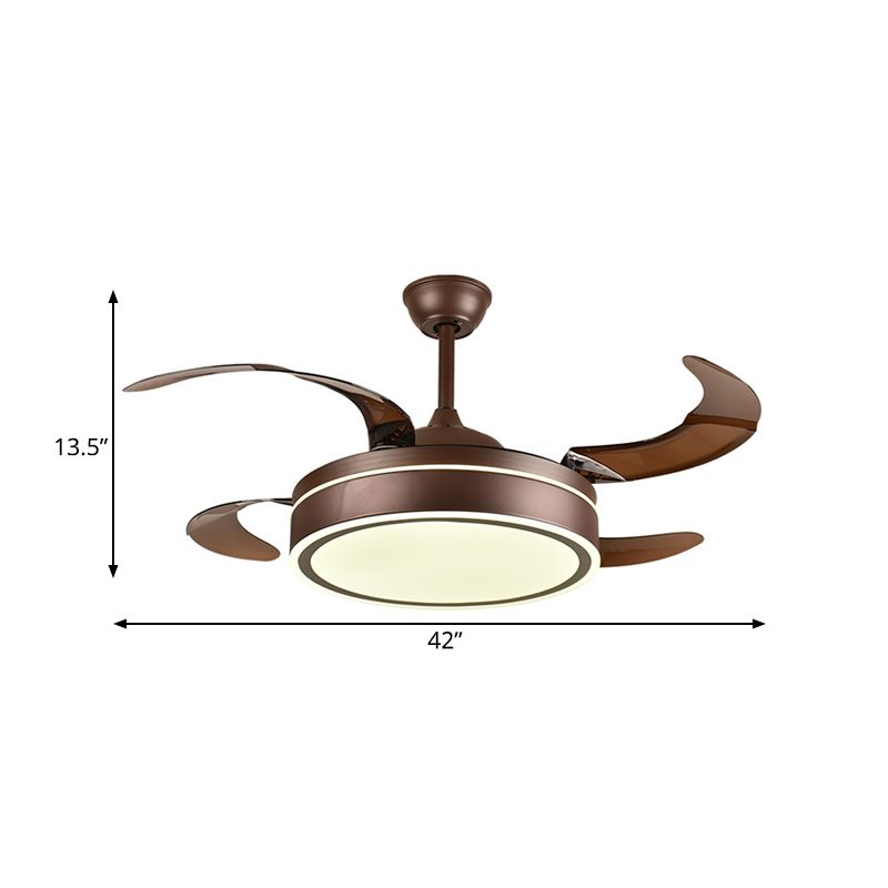 Coffee Ring Ceiling Fan Light Minimalism Acrylic LED Living Room Semi Mount Lighting with 4 Brown Blades, 42" Width