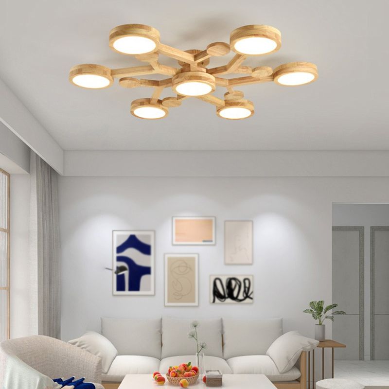 Plafonnier encastré de forme ronde en bois, éclairage encastré moderne multi-lumières en marron