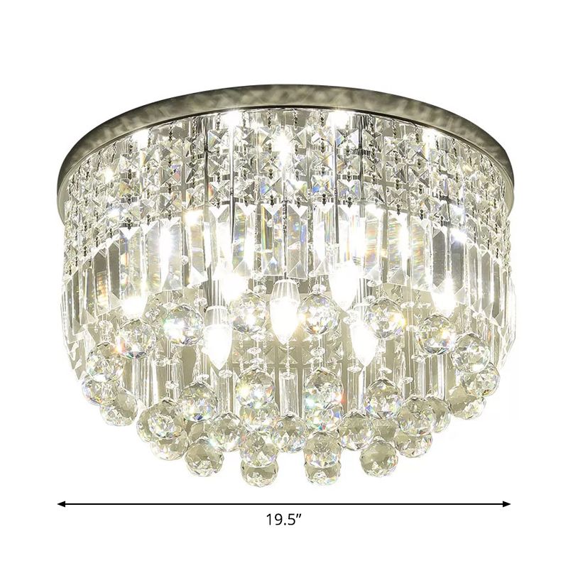 Nickel Round Flush Mount Light Modern 9-Bulb Clear Cut Crystal Ceiling Light Fixture