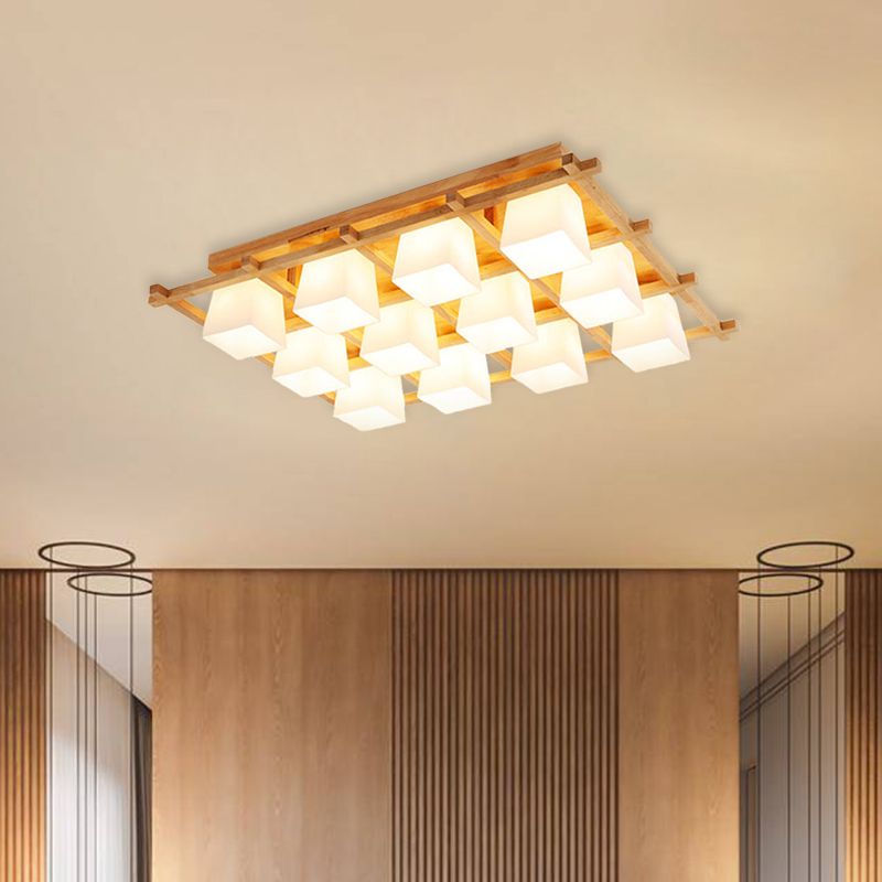Wooden Checkerboard Shape Flush Mount Light Study Room Japanese Style Ceiling Light in Beige