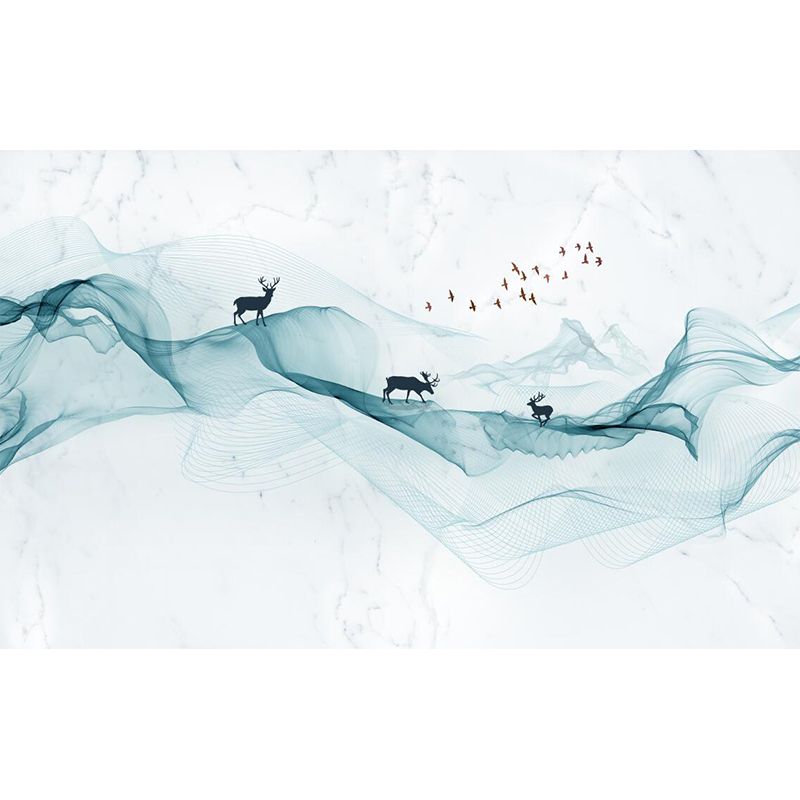 Modern Art Deer-Mountain Murals for Living Room Custom Size Wall Decor in Green-White