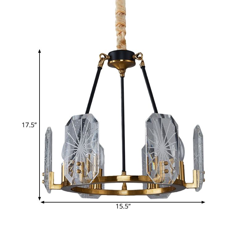 Geometrisch paneel Pendulumlicht Postmodern helder kristalglas 6-bol Zwart en gouden ring Kroonluchter