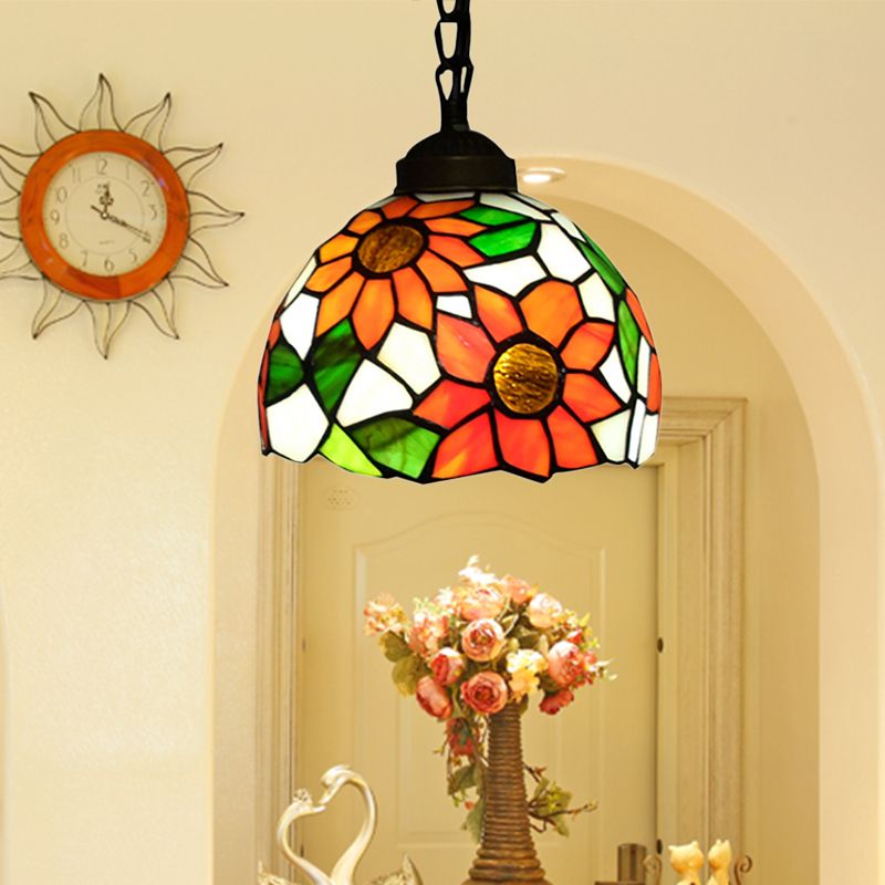 Tiffany-Style Hemisphere Pendant Lamp 1 Bulb Red/Orange/Orange-Green Stained Art Glass Ceiling Hanging Light