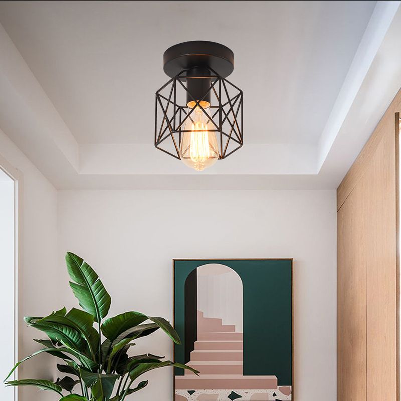 Hexagonal Balcony Ceiling Light Industrial Iron 1-Bulb Semi Flush Mount Light Fixture