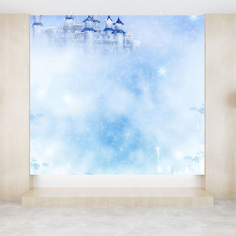 Modern Castle and Snowflake Mural Wallpaper Blue Winter Nature Landscape Wall Covering
