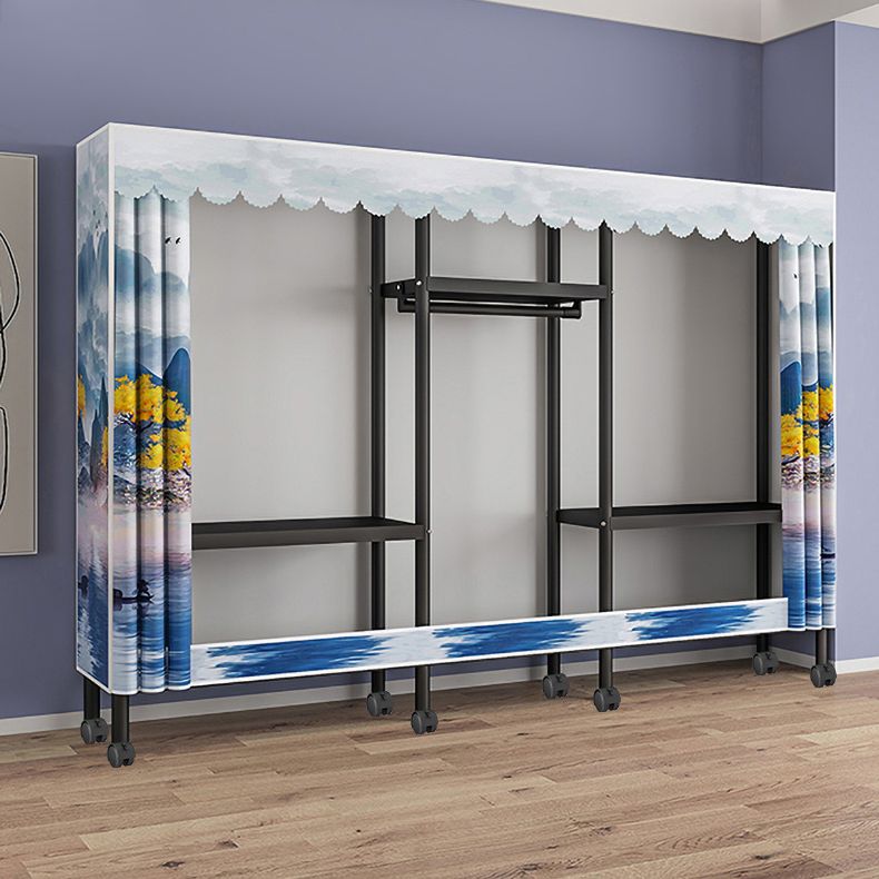 Contemporary Style Wardrobe Cabinet Steel Frame Wardrobe with Clothing Rod