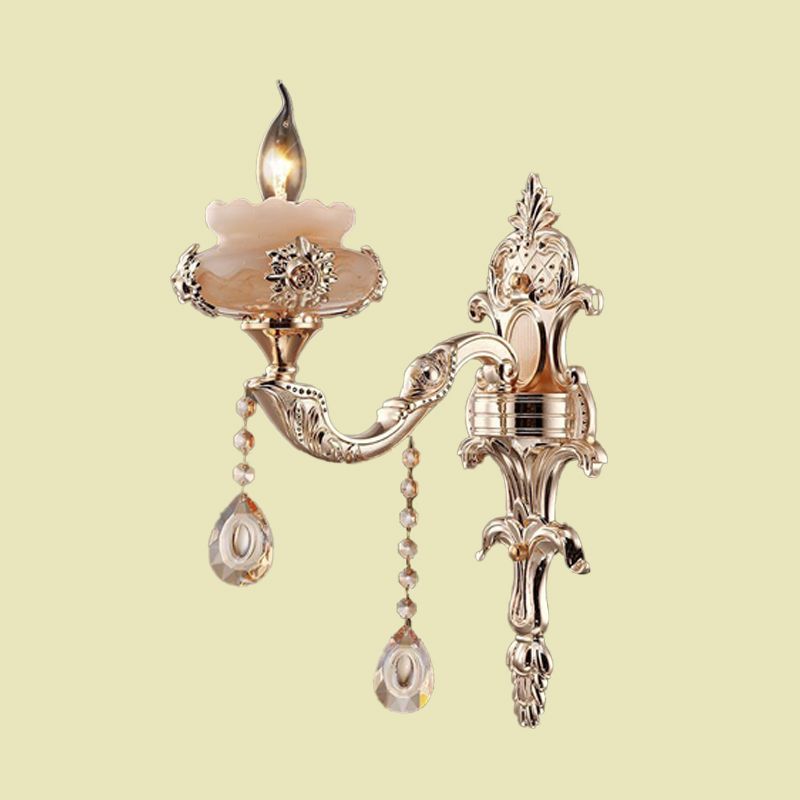 1/2-Head K9 Crystal Sconce Lamp Traditional Gold Candle Corridor Wall Lighting Fixture with Jade Saucer
