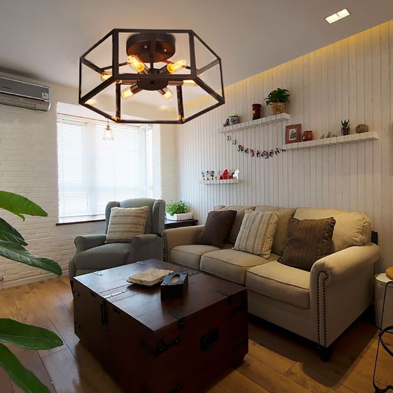 6 Glühbirnen, halbbündige Vintage-Deckenleuchte aus geometrischem Klarglas in Schwarz für die Küche