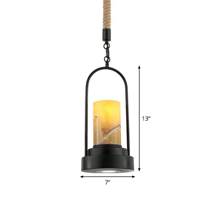 Faux Candle Wine Bar Pendant Lamp Rural Marble 1-Light Black Hanging Light Fixture with Arched Frame and Rope Detail