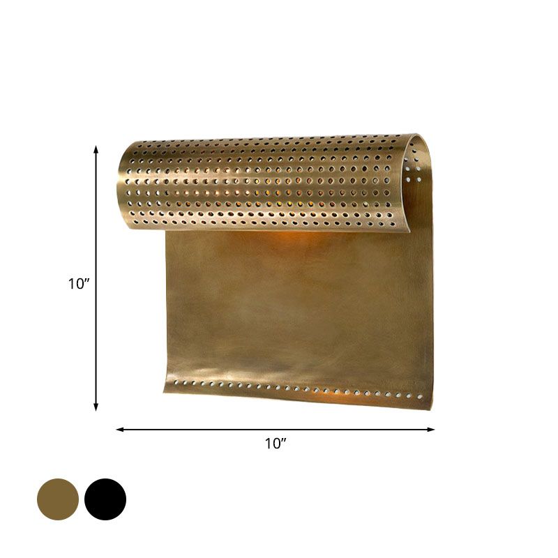 1-Bulb Metal Wall Sconce Light Colonial Black/Gold Roll Living Room Wall Lamp Fixture with Cutout Design