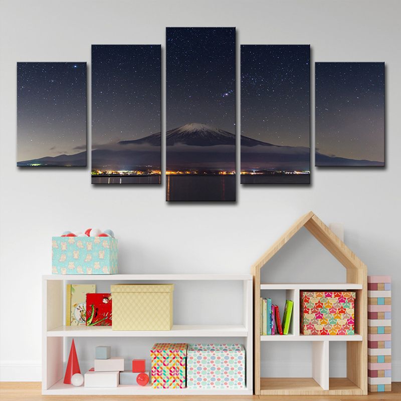 Mount Fuji Starry Night Wall Decor in Black Canvas Made Wall Art for Room, Multi-Piece