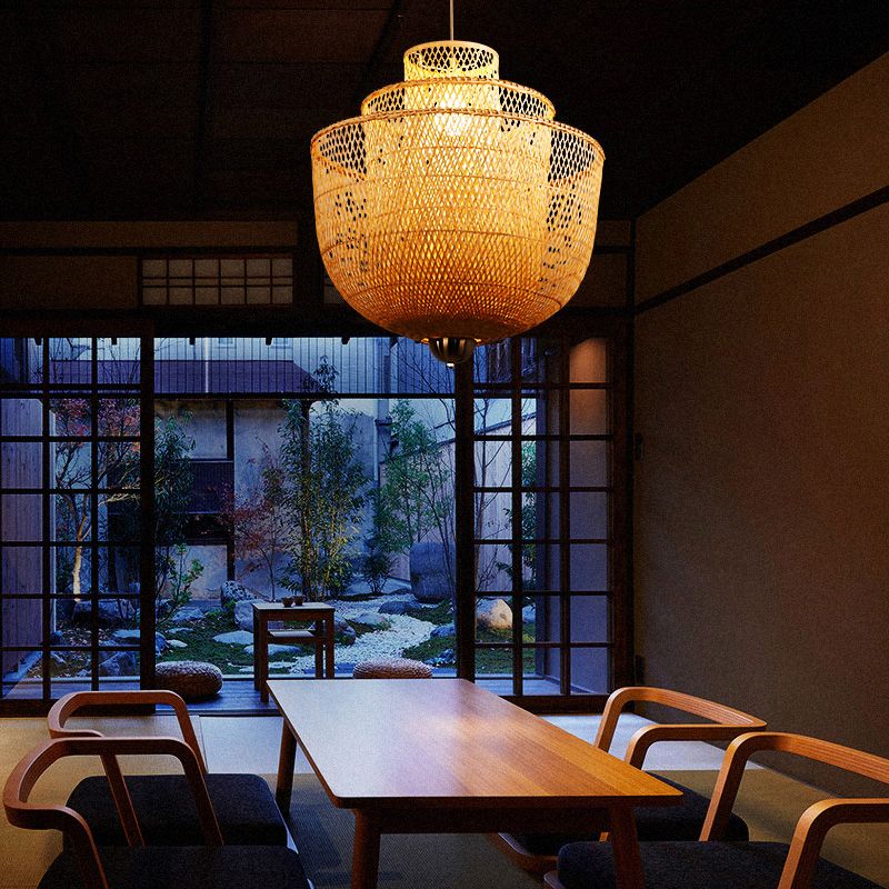 Layered Bamboo Suspension Lighting Minimalist 1 Head Wood Pendant Ceiling Light for Tea Room