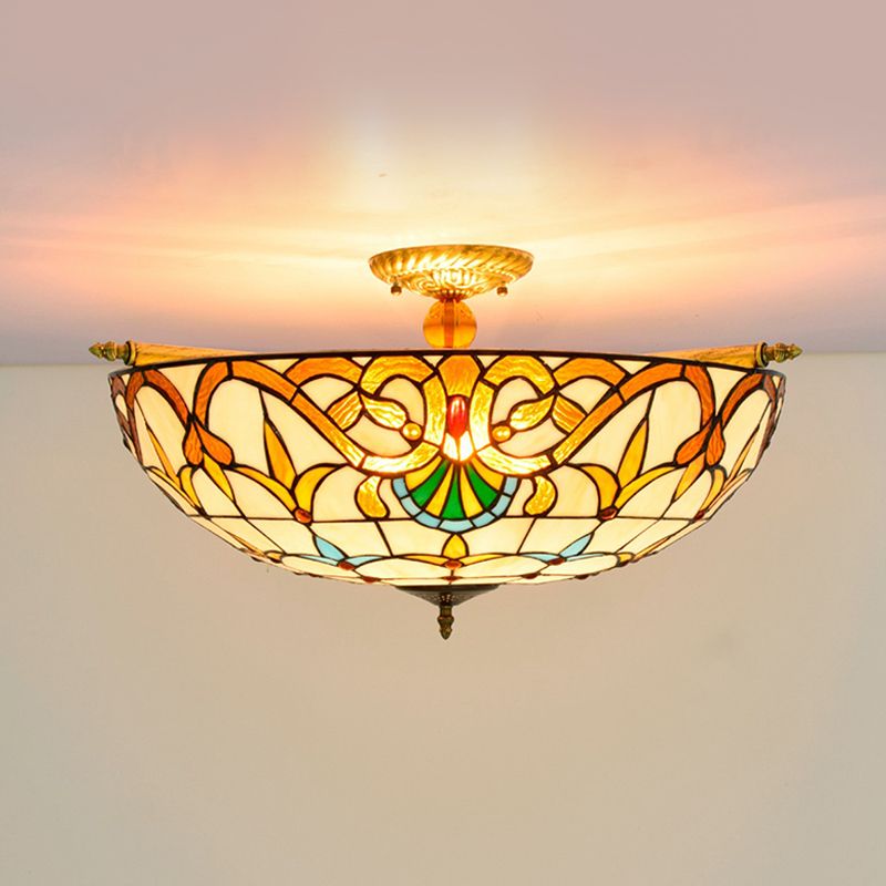 Baroque Dome Semi Flush Mount Lighting 5 Bulbs Handcrafted Stained Glass Close to Ceiling Lamp in White/Blue, 21.5"/25.5" W