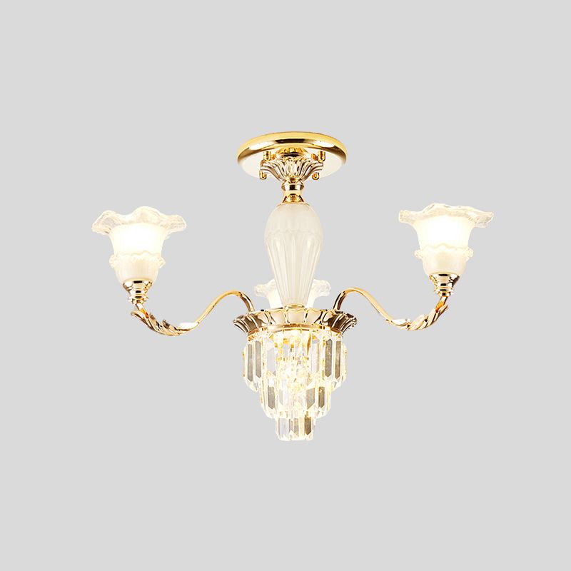 Bellflower Frosted Glass Semi-Flush Light Modern 3/6-Bulb Bedroom Ceiling Mount Chandelier with Crystal Bottom in Gold