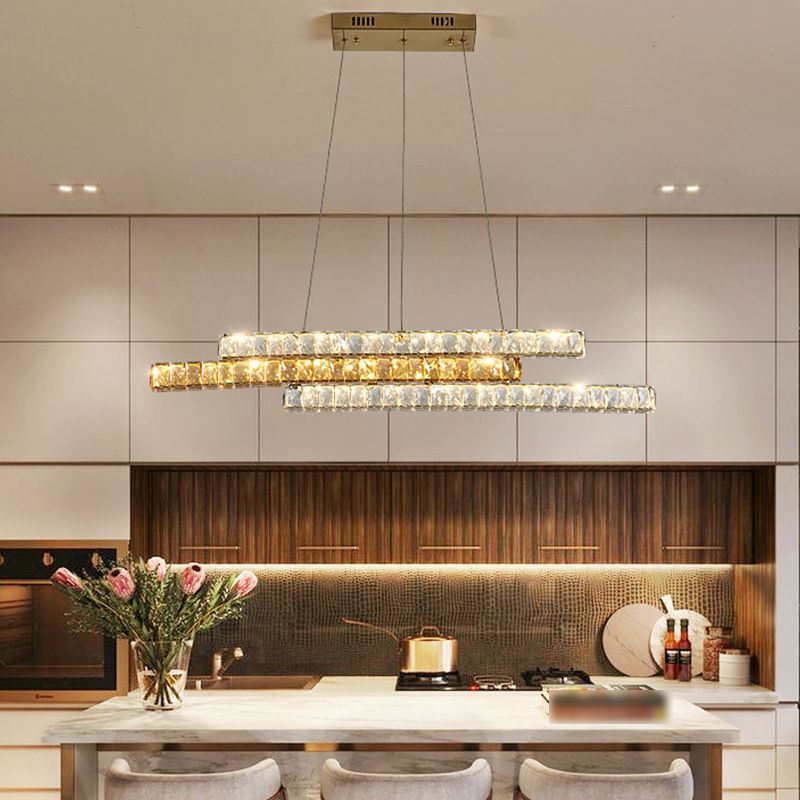 Minimalist Luxury LED Island Light Fixture Clear and Amber Crystal Linear Suspension Light