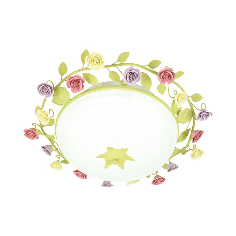 Green Rose Garland Flush Mount Pastoral Ceramic 3 Lights Bedroom Ceiling Lamp with Frosted Glass Shade, Small/Large Size