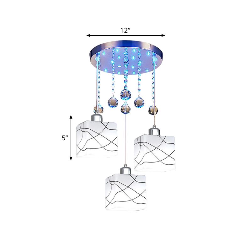 Bianco a 3 luci a ciondolo multipla Minimal Crystal Crystal Orb Square Hanging Kit con baldacchino rotondo