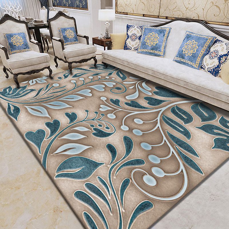 Brown Tone Modern Area Carpet Polyester Floral Pattern Indoor Rug Anti-Slip Backing Carpet for Living Room