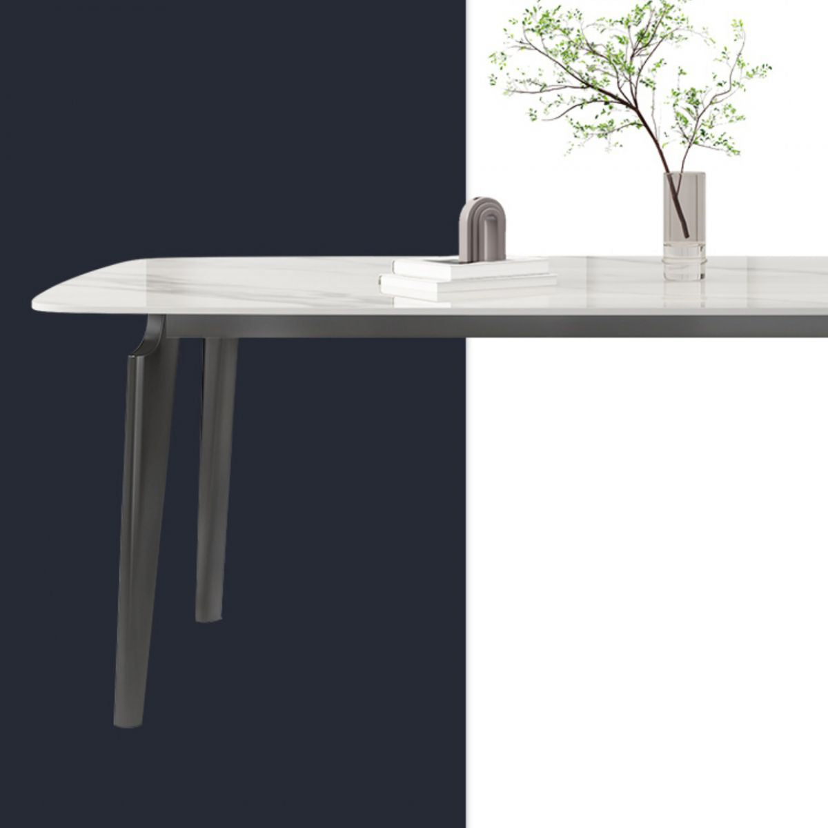 White Modern Rectangular Stone Dining Table with Stainless Steel Base