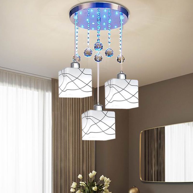 White 3 Lights Multi Light Pendant Minimal Crystal Orb Square Hanging Lamp Kit with Round Canopy