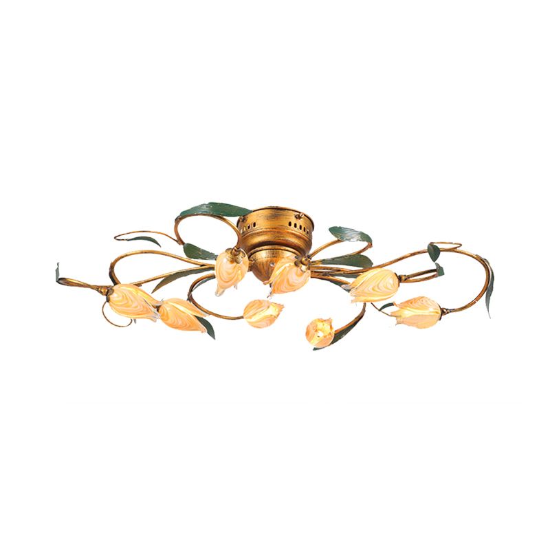 8/15 Heads Ceiling Mounted Fixture American Garden Bedroom LED Semi Flush Light with Tulip Frosted Glass in Brass