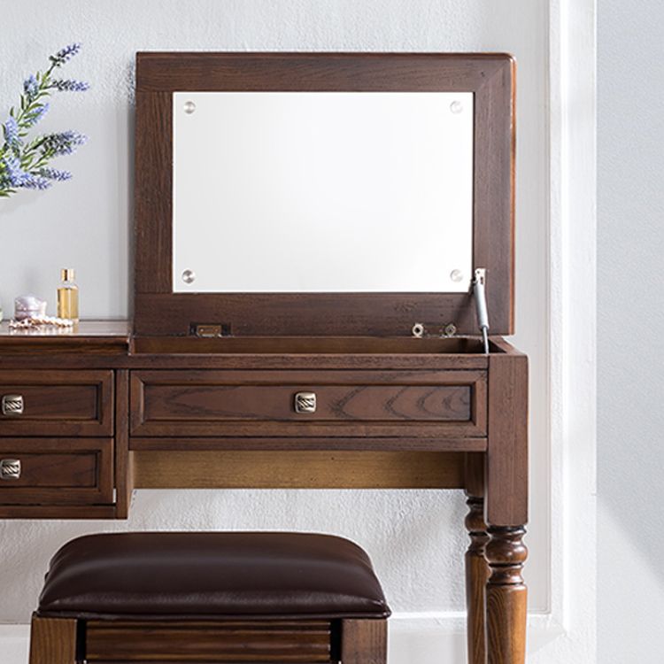 30.7" Height 2-Drawer Brown Solid Wood Dressing Table Mirror Makeup Vanity