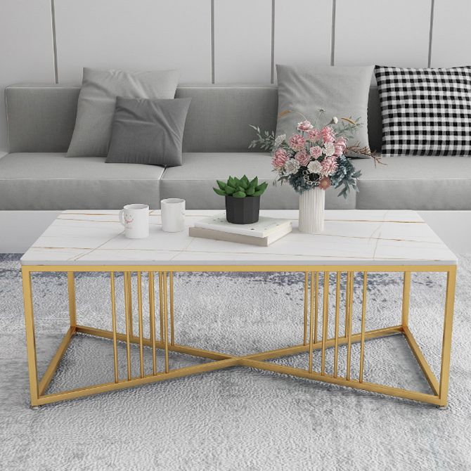 Glam Stone Top Cocktail Table with Golden Iron Cross Base in Rectangle