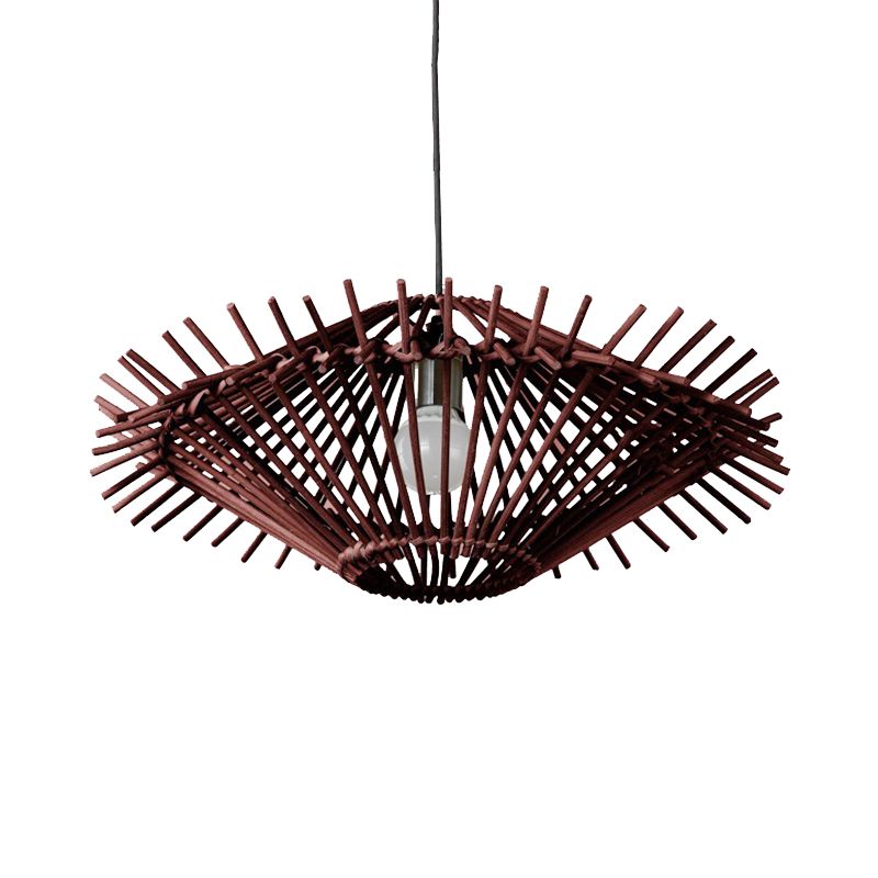 Beige/Brown Disc Pendant Light Rustic Single Bulb Bamboo Hanging Light Fixture for Restaurant Living Room