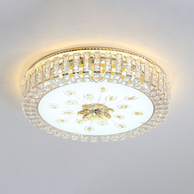 Gold Circular LED Ceiling Light in Modern Luxury Style Crystal Flush Mount with Glass Shade