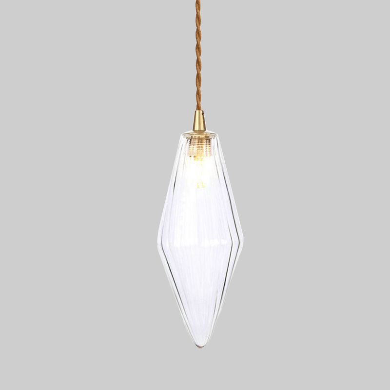 Diamond Pendant Light Fixture Contemporary Amber/Clear Glass 1 Light 3"/4" Wide Dining Room Hanging Lamp Kit