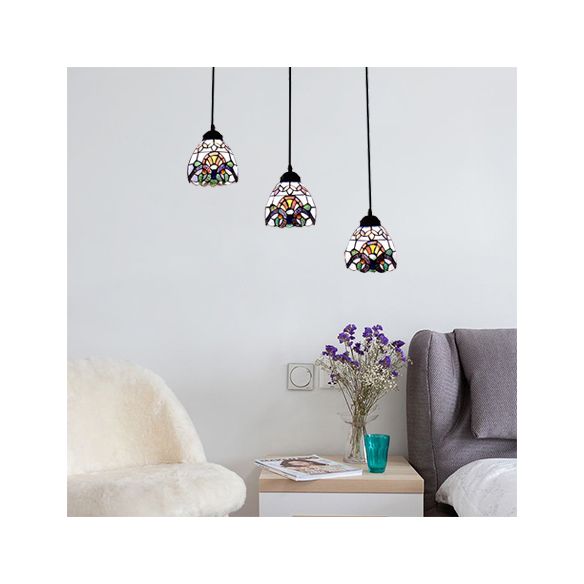 Victorian Domed Multi Light Pendants Stained Glass 3 Lights Hanging Pendant in White for Dining Room