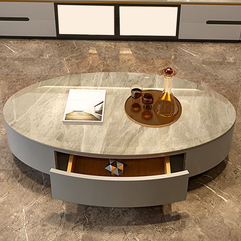Glam Slate Coffee Table Oval Pedestal Coffee Table with Drawer