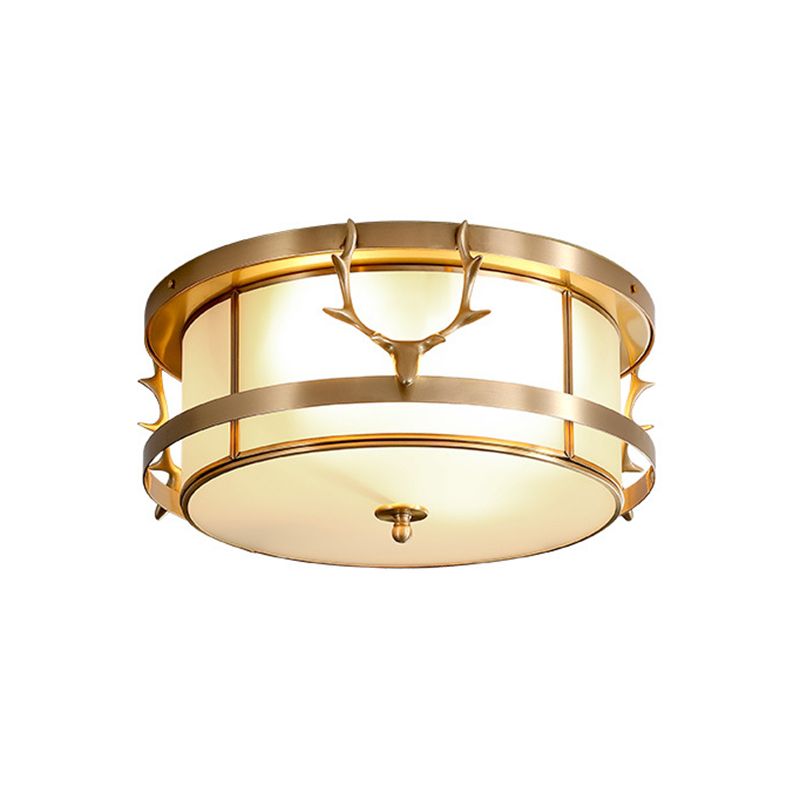 Brass Antler Element Ceiling Lamp Vintage Metallic 4-Light Bedroom Flush Mount Light with Opal Glass Shade