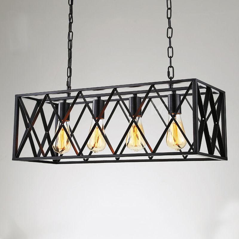 Industrial Style Rectangle Island Pendants Metal Pendant Lights in Black for Dining Room
